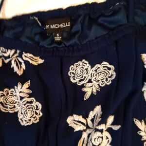 Navy Blue and White embroidered on/off the Shoulder skinny strap country dress